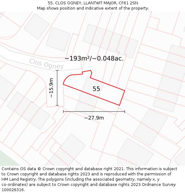 55, CLOS OGNEY, LLANTWIT MAJOR, CF61 2SN: Plot and title map