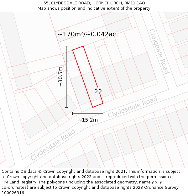 55, CLYDESDALE ROAD, HORNCHURCH, RM11 1AQ: Plot and title map