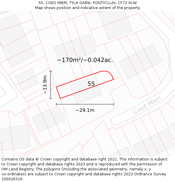 55, COED MIERI, TYLA GARW, PONTYCLUN, CF72 9UW: Plot and title map
