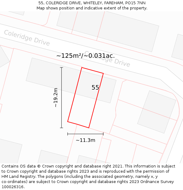 55, COLERIDGE DRIVE, WHITELEY, FAREHAM, PO15 7NN: Plot and title map