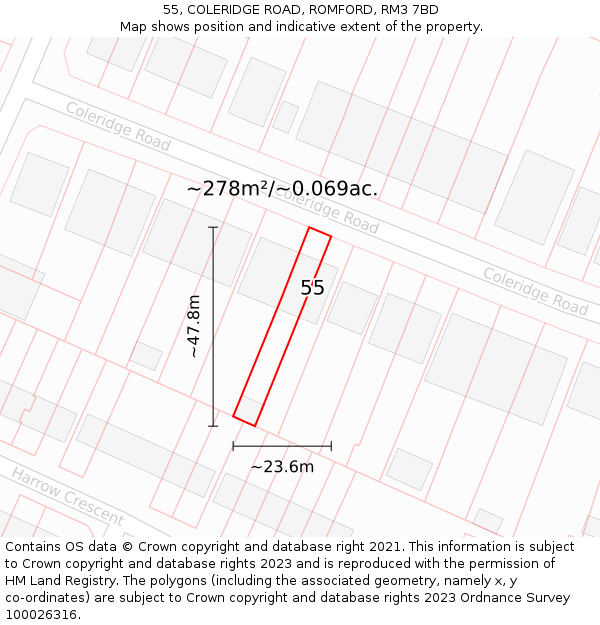 55, COLERIDGE ROAD, ROMFORD, RM3 7BD: Plot and title map
