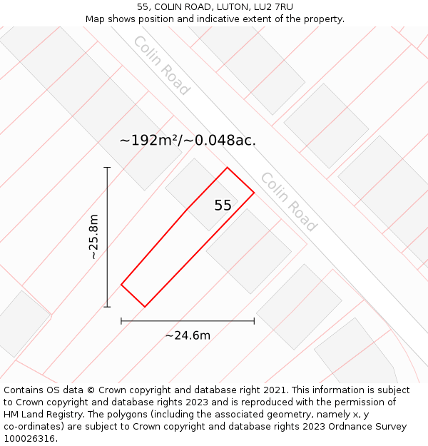 55, COLIN ROAD, LUTON, LU2 7RU: Plot and title map