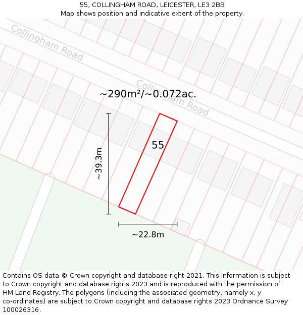 55, COLLINGHAM ROAD, LEICESTER, LE3 2BB: Plot and title map