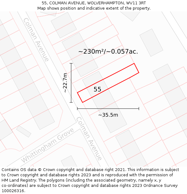 55, COLMAN AVENUE, WOLVERHAMPTON, WV11 3RT: Plot and title map