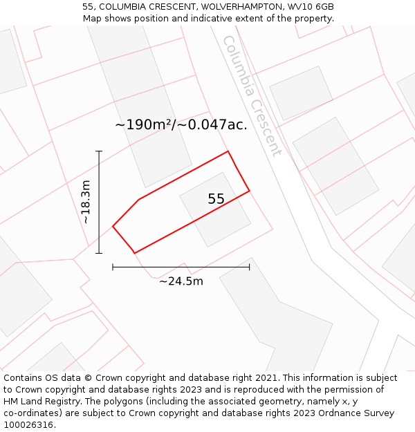 55, COLUMBIA CRESCENT, WOLVERHAMPTON, WV10 6GB: Plot and title map