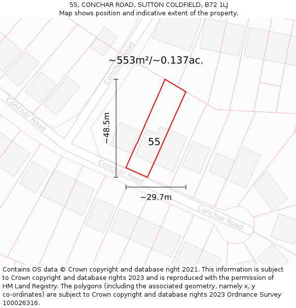 55, CONCHAR ROAD, SUTTON COLDFIELD, B72 1LJ: Plot and title map