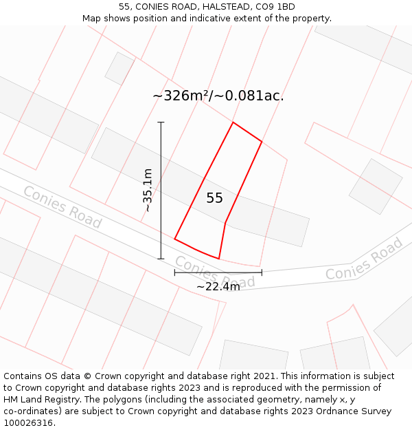 55, CONIES ROAD, HALSTEAD, CO9 1BD: Plot and title map