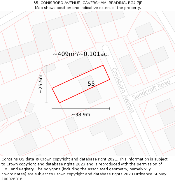 55, CONISBORO AVENUE, CAVERSHAM, READING, RG4 7JF: Plot and title map