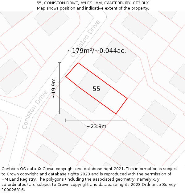 55, CONISTON DRIVE, AYLESHAM, CANTERBURY, CT3 3LX: Plot and title map