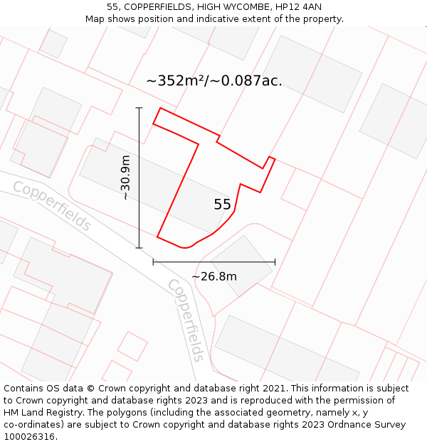 55, COPPERFIELDS, HIGH WYCOMBE, HP12 4AN: Plot and title map