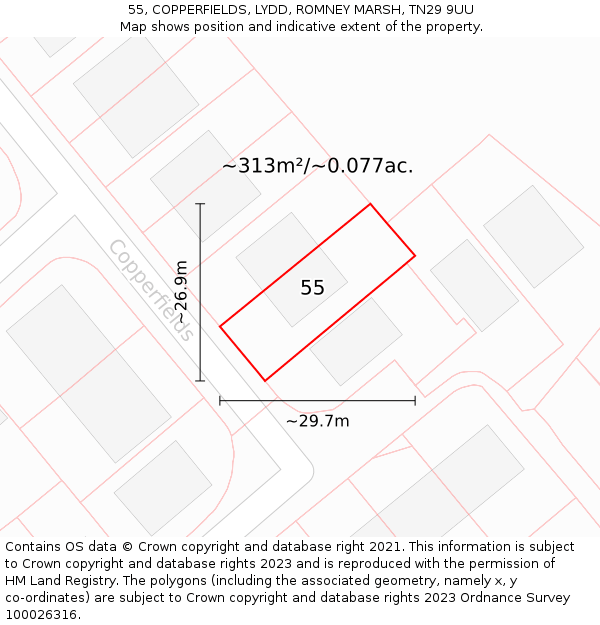 55, COPPERFIELDS, LYDD, ROMNEY MARSH, TN29 9UU: Plot and title map