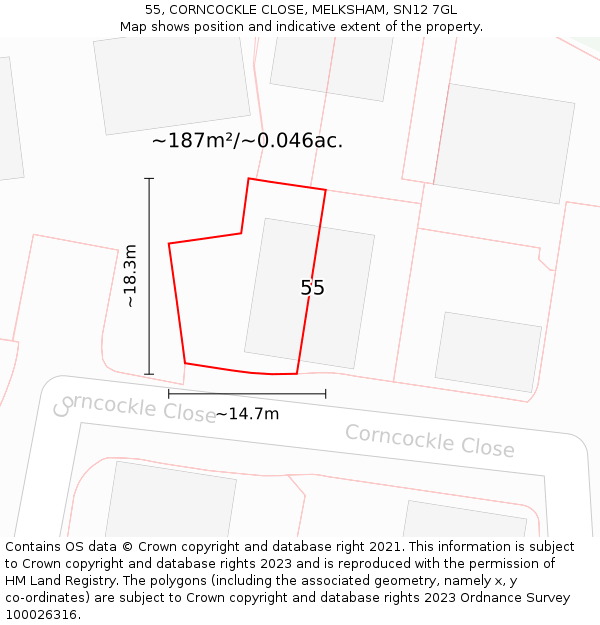55, CORNCOCKLE CLOSE, MELKSHAM, SN12 7GL: Plot and title map