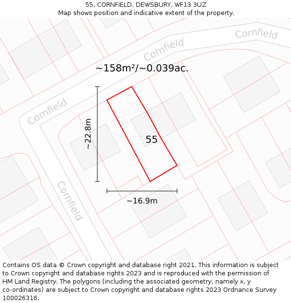 55, CORNFIELD, DEWSBURY, WF13 3UZ: Plot and title map