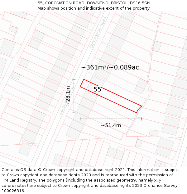 55, CORONATION ROAD, DOWNEND, BRISTOL, BS16 5SN: Plot and title map