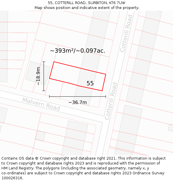 55, COTTERILL ROAD, SURBITON, KT6 7UW: Plot and title map