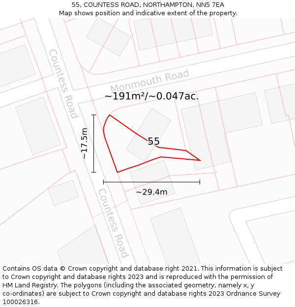 55, COUNTESS ROAD, NORTHAMPTON, NN5 7EA: Plot and title map