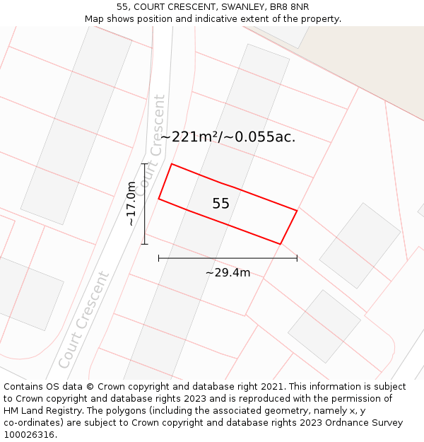 55, COURT CRESCENT, SWANLEY, BR8 8NR: Plot and title map