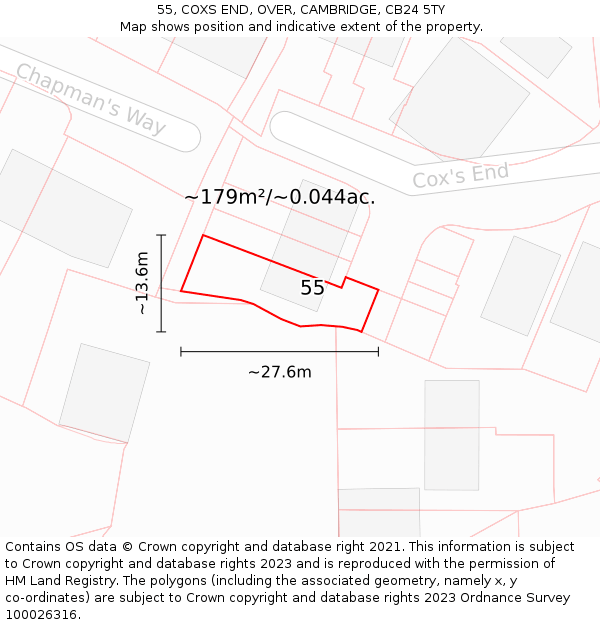 55, COXS END, OVER, CAMBRIDGE, CB24 5TY: Plot and title map