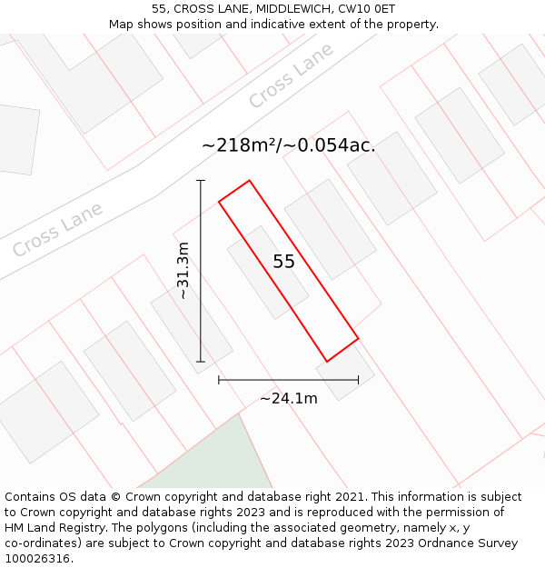 55, CROSS LANE, MIDDLEWICH, CW10 0ET: Plot and title map