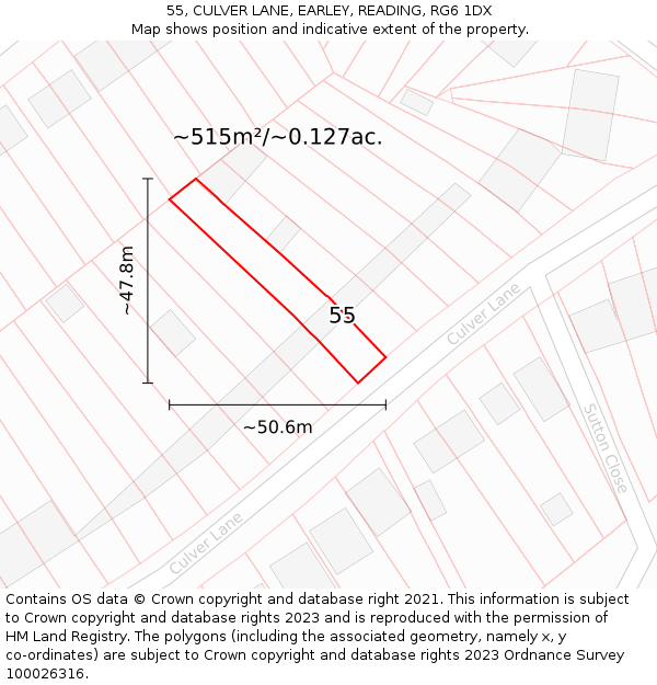 55, CULVER LANE, EARLEY, READING, RG6 1DX: Plot and title map