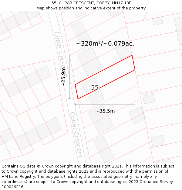 55, CUPAR CRESCENT, CORBY, NN17 1RF: Plot and title map