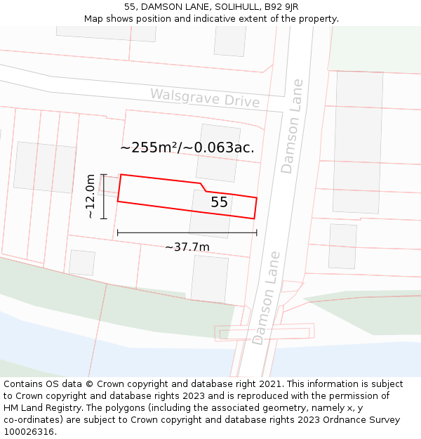 55, DAMSON LANE, SOLIHULL, B92 9JR: Plot and title map