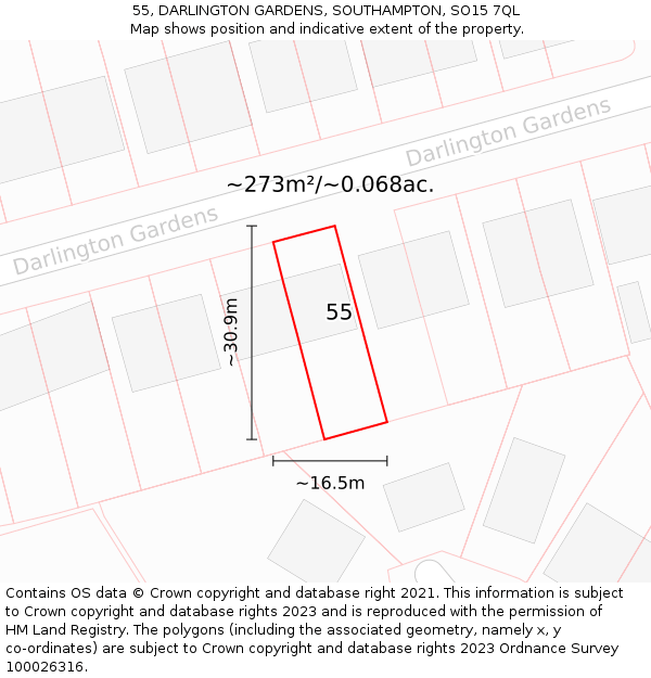55, DARLINGTON GARDENS, SOUTHAMPTON, SO15 7QL: Plot and title map