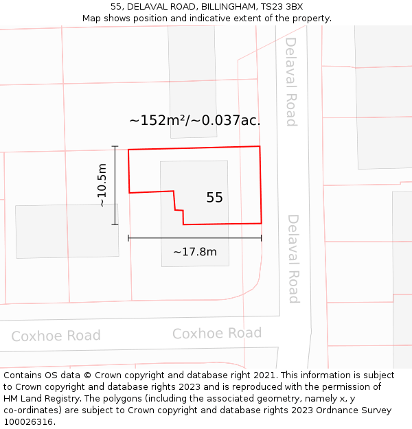 55, DELAVAL ROAD, BILLINGHAM, TS23 3BX: Plot and title map