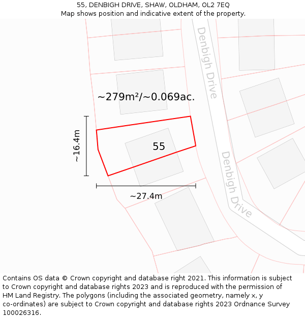 55, DENBIGH DRIVE, SHAW, OLDHAM, OL2 7EQ: Plot and title map