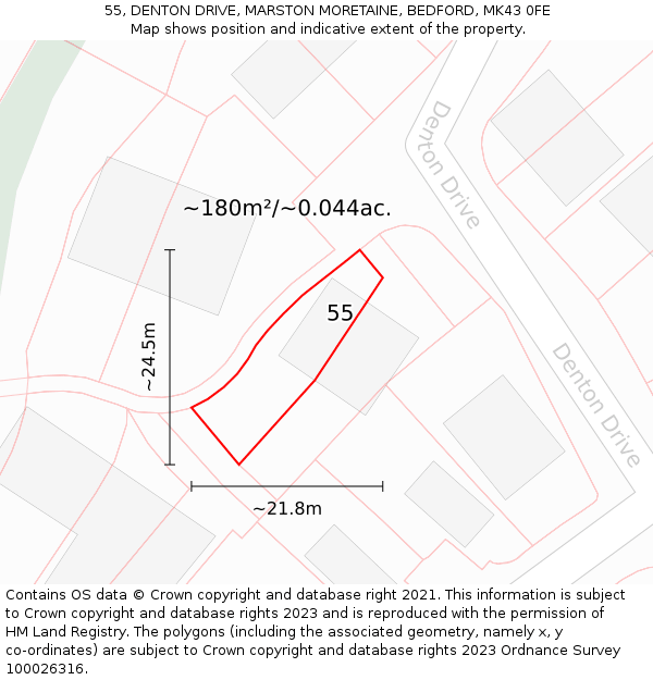 55, DENTON DRIVE, MARSTON MORETAINE, BEDFORD, MK43 0FE: Plot and title map