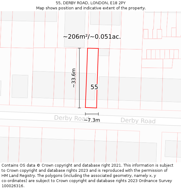 55, DERBY ROAD, LONDON, E18 2PY: Plot and title map