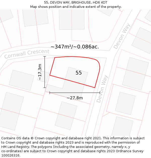 55, DEVON WAY, BRIGHOUSE, HD6 4DT: Plot and title map