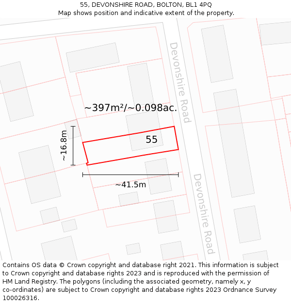 55, DEVONSHIRE ROAD, BOLTON, BL1 4PQ: Plot and title map