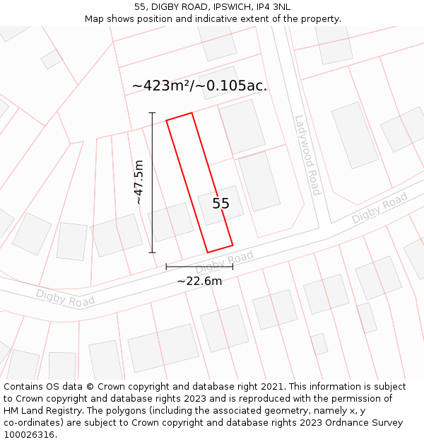 55, DIGBY ROAD, IPSWICH, IP4 3NL: Plot and title map