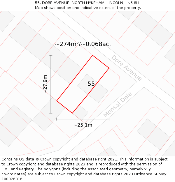 55, DORE AVENUE, NORTH HYKEHAM, LINCOLN, LN6 8LL: Plot and title map