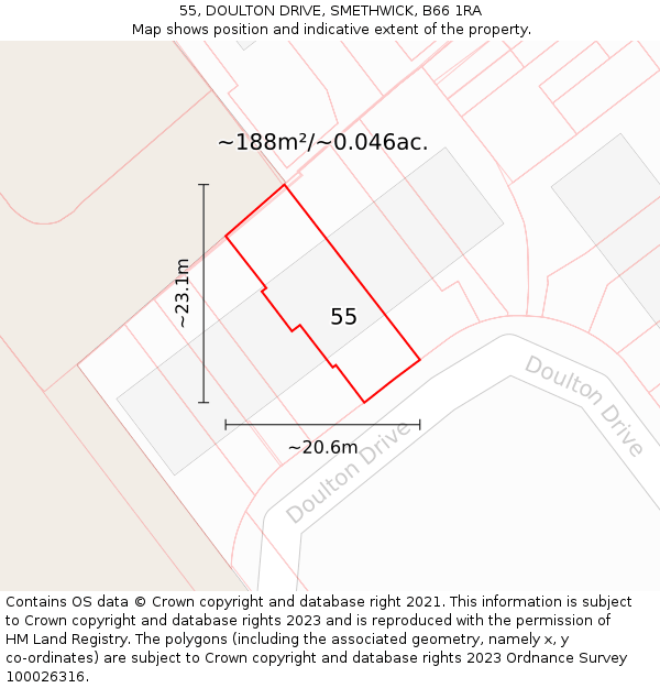 55, DOULTON DRIVE, SMETHWICK, B66 1RA: Plot and title map