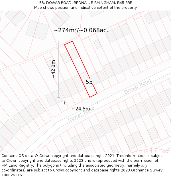 55, DOWAR ROAD, REDNAL, BIRMINGHAM, B45 8RB: Plot and title map