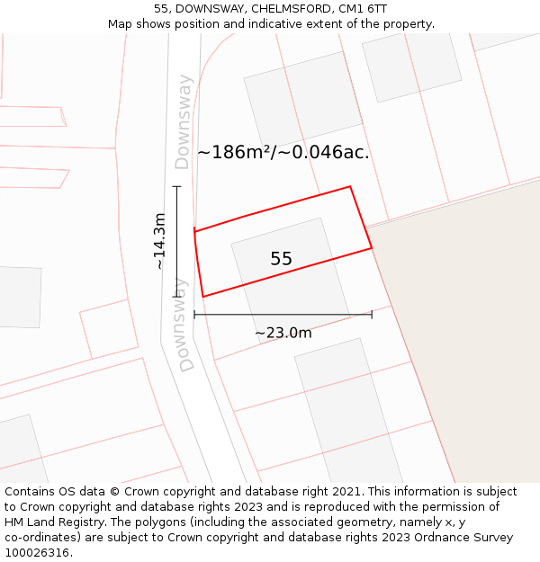 55, DOWNSWAY, CHELMSFORD, CM1 6TT: Plot and title map