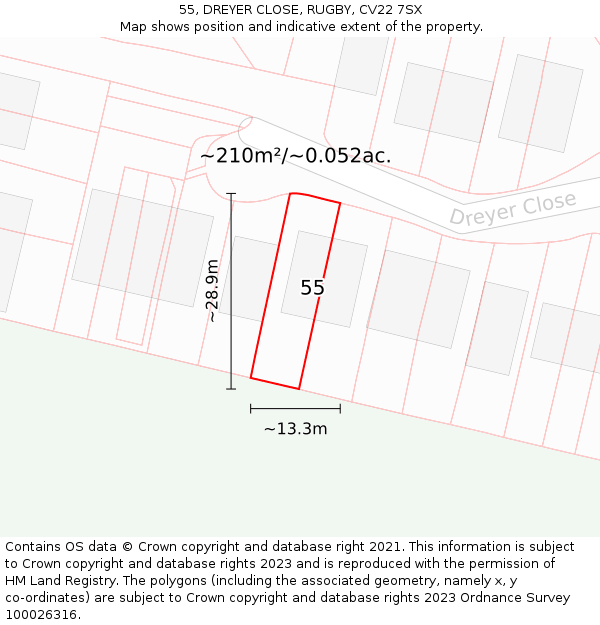 55, DREYER CLOSE, RUGBY, CV22 7SX: Plot and title map