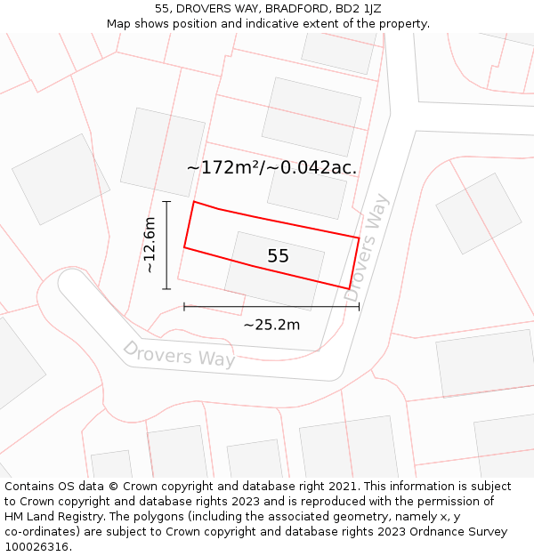 55, DROVERS WAY, BRADFORD, BD2 1JZ: Plot and title map