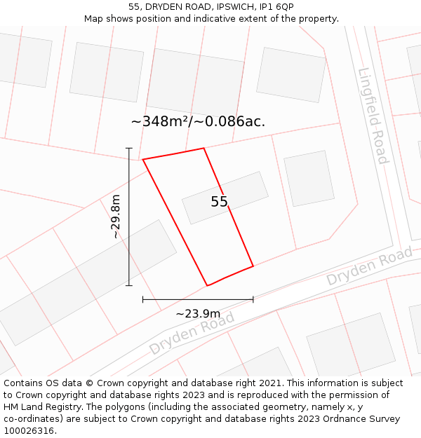 55, DRYDEN ROAD, IPSWICH, IP1 6QP: Plot and title map