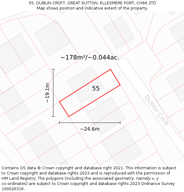 55, DUBLIN CROFT, GREAT SUTTON, ELLESMERE PORT, CH66 2TD: Plot and title map