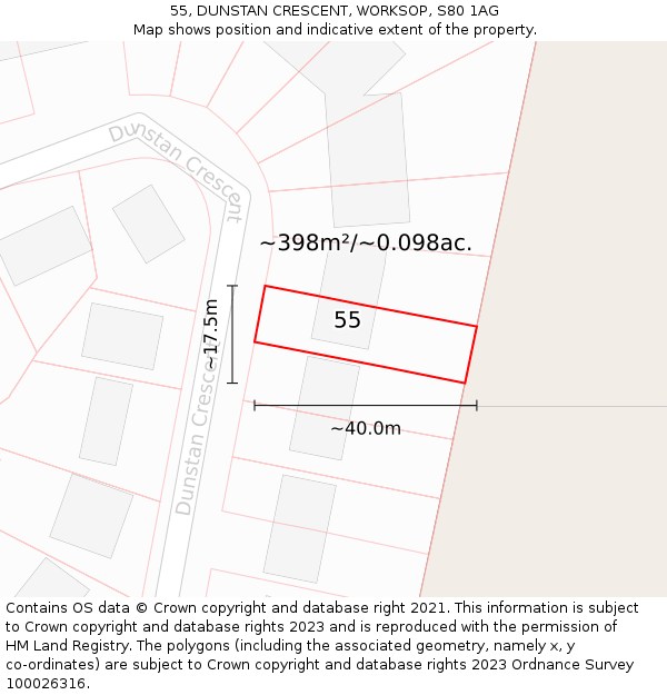 55, DUNSTAN CRESCENT, WORKSOP, S80 1AG: Plot and title map