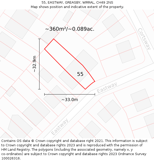 55, EASTWAY, GREASBY, WIRRAL, CH49 2NS: Plot and title map