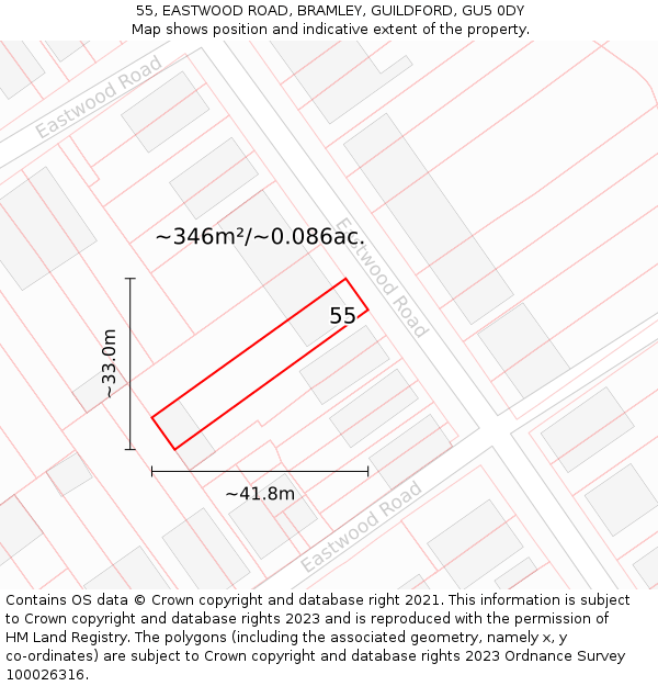 55, EASTWOOD ROAD, BRAMLEY, GUILDFORD, GU5 0DY: Plot and title map