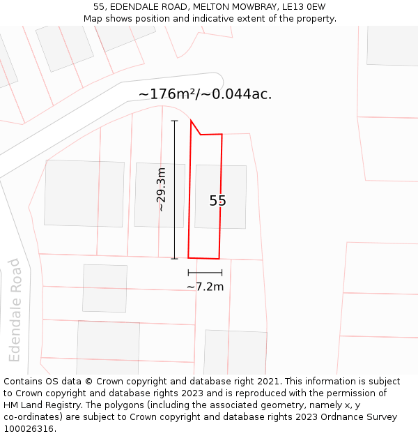 55, EDENDALE ROAD, MELTON MOWBRAY, LE13 0EW: Plot and title map