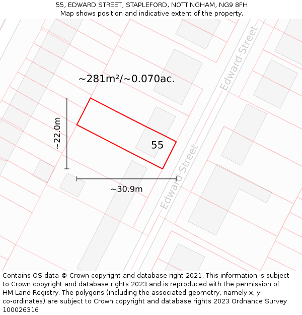 55, EDWARD STREET, STAPLEFORD, NOTTINGHAM, NG9 8FH: Plot and title map