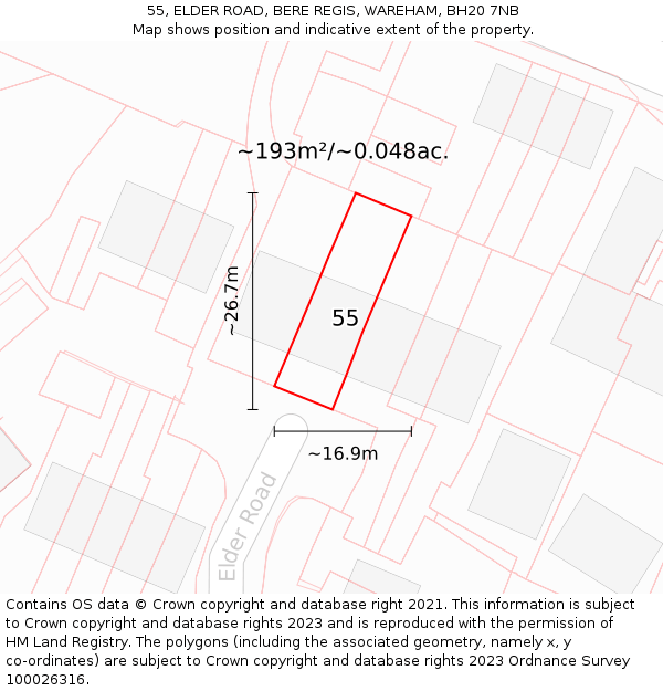 55, ELDER ROAD, BERE REGIS, WAREHAM, BH20 7NB: Plot and title map