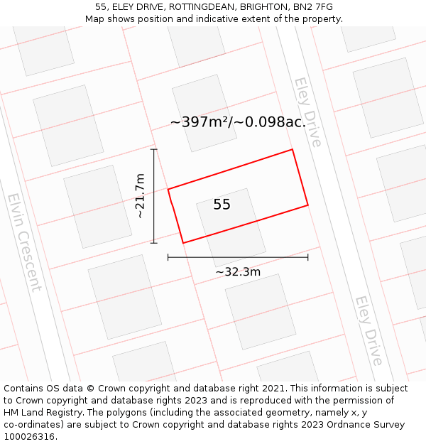55, ELEY DRIVE, ROTTINGDEAN, BRIGHTON, BN2 7FG: Plot and title map