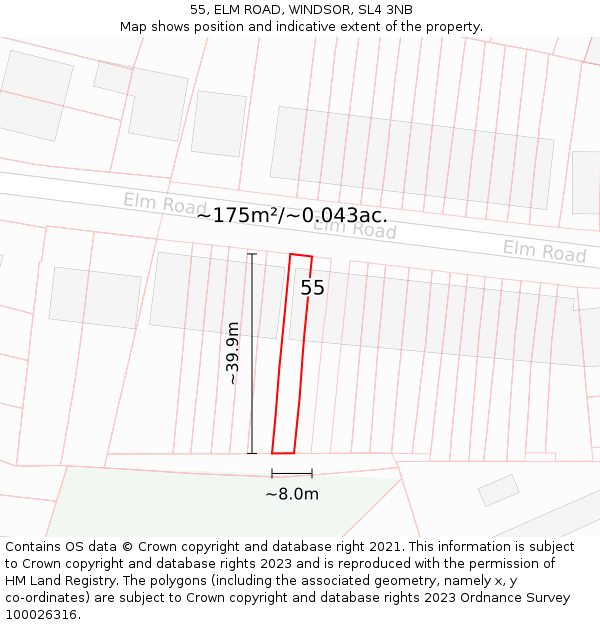 55, ELM ROAD, WINDSOR, SL4 3NB: Plot and title map